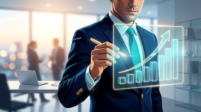 Businessman drawing financial growth graph on transparent screen with upward trend bar chart business intelligence business str