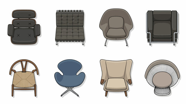 Set of Mid-Century Modern Designer Chair Illustrations Featuring Iconic Furniture Styles Like Eames Lounge Barcelona Swan and Wishbone for Interior Decorating