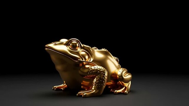 Golden frog statue sitting on dark surface with black background and shiny metallic texture.