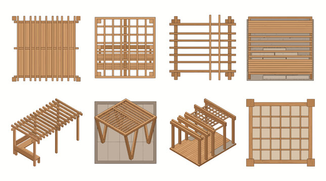 Collection of Modern Wooden Pergola Designs and Garden Structures in Isometric and Top Views for Architectural Landscaping Projects and Patio Construction Ideas