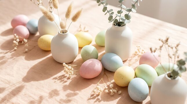 Easter egg decoration arrangement with vases and dried flowers painted eggs home decor table runner neutral colors decoration