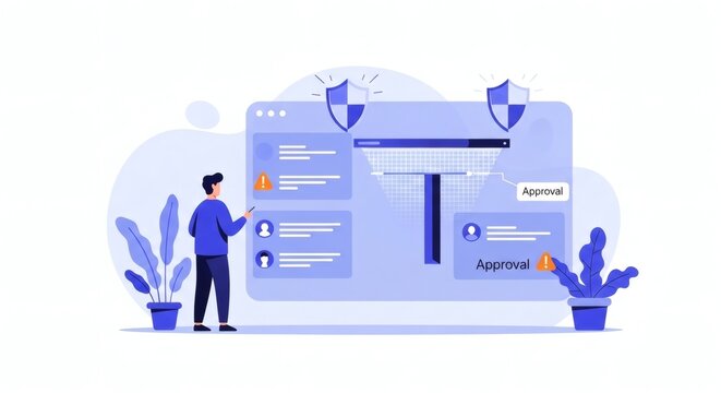 Futuristic illustration of a man interacting with a large ai interface screen surrounded by plants and security symbols in a blue color scheme