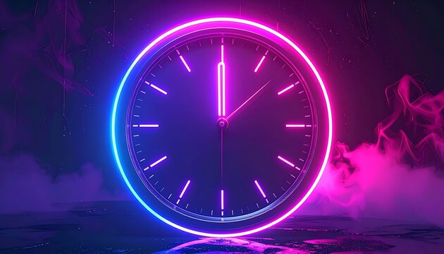 A neon-lit clock face glowing pink and blue