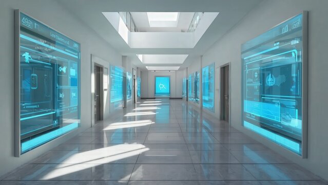 High tech corridor with transparent digital panels