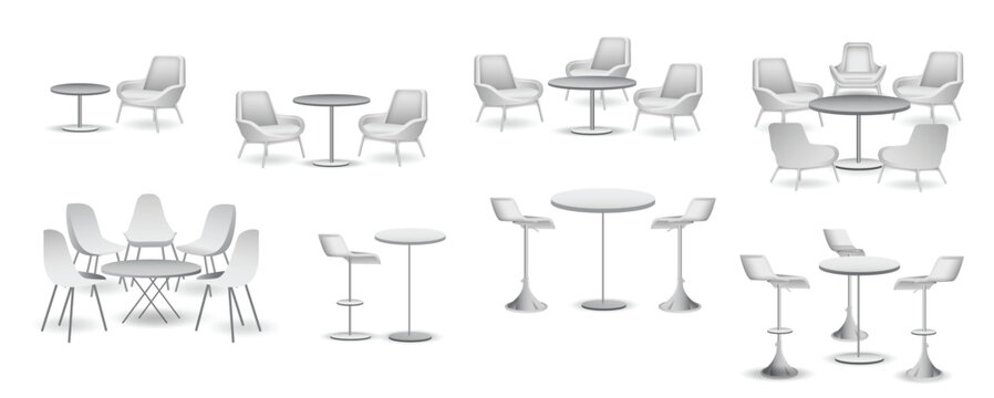Modern Table and Chair Furniture Set for Cafe Lounge and Dining Interior. Collection of modern tables and chair seating arrangements shown in multiple layouts and perspectives. Contemporary furniture 