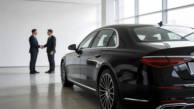 Two men shaking hands near a black car