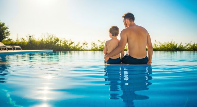 Father and son enjoying a peaceful moment by the swimming pool at sunset.