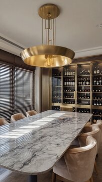 Luxury dining room with marble island and lighting