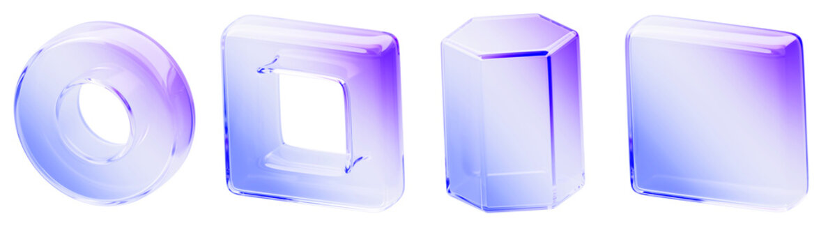 Hologram glass geometric 3D shapes set - circle ring, square frame, hexagonal prism, cube block with blue purple neon gradient. Iridescent transparent figures, crystal glossy objects