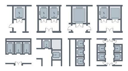 Fototapeta premium Architectural Floor Plan Diagrams of Various Elevator and Lift Configurations for Building Design and Construction Planning Professional Technical Schematics