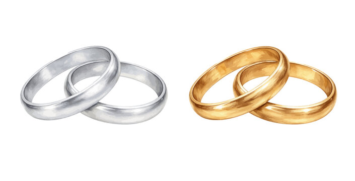 A charming watercolor collection of wedding rings featuring elegant gold and silver bands with smooth polished surfaces illustrated in a timeless romantic style