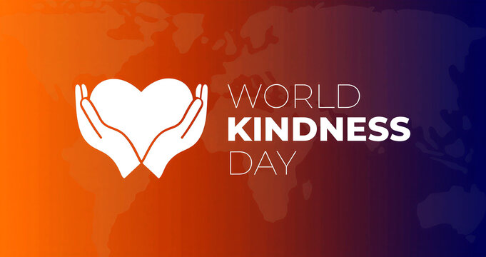Inspiring world kindness day graphic design with hands holding a heart symbol over global map background