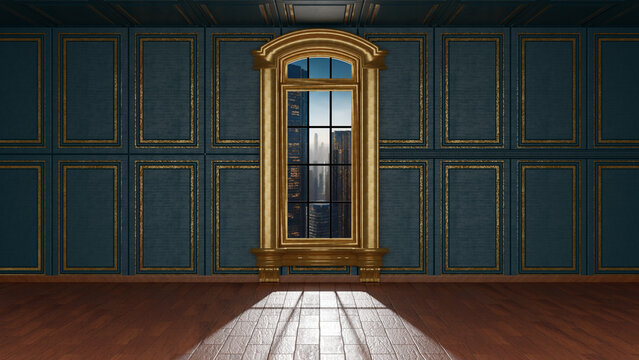 Stanza antica ed elegante, riccamente decorata, vuota, con finestra che si affaccia su panorama estrno.