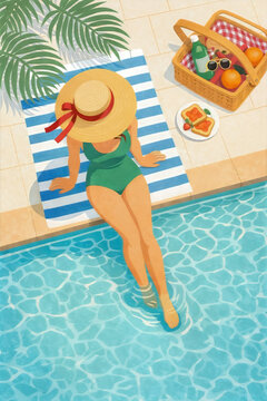 Flat lay style illustration of a woman in a green swimsuit sitti