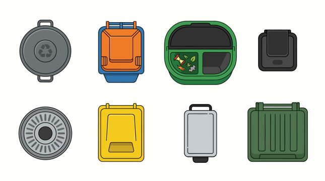 Vector illustration set of various waste bins and recycling containers from a top view perspective, perfect for environmental sustainability and waste management