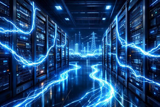 Futuristic Data Center Infrastructure with High-Performance Server Racks and Cloud Computing Technology