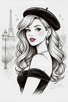 Detailed black and white illustration of a glamorous woman in a