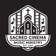 Fototapeta premium Sacred cinema music ministry est 2024 vector illustration for christian musical event or worship gathering logo.