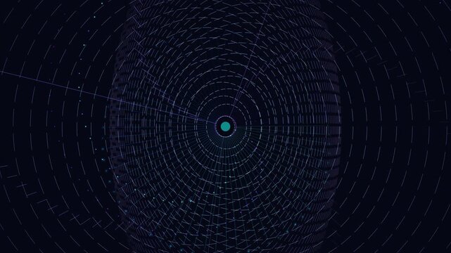 Concentric dashed circuit rings rotate and lock into alignment on a dark field, iridescent cyan-magenta glow pulses along micro-pathways. Ideal for semiconductor and electronics brand content.