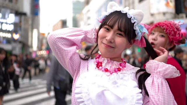 Two Japanese Women in Decora Fashion Posing in Shibuya Crossing