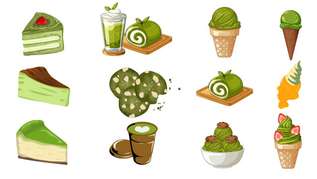 Matcha Dessert Cafe Clipart Set, Cute Pastry and Sweet Green Tea Illustration for Small Business Branding