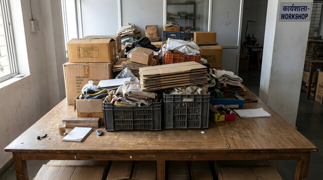 Cluttered workshop table filled with stacks of cardboard boxes and plastic crates in garment manufacturing setting with hindi sign board on wall near fabric scraps and tailoring equipment.