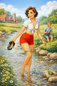 Playful vintage pinup artwork of a smiling young woman wading ba