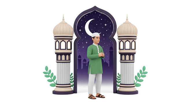 Muslim Man Standing Near Mosque Arches with Crescent Moon Night Sky