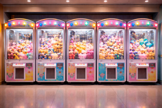 Row of eerie claw machines filled with stuffed animals in a dimly lit room