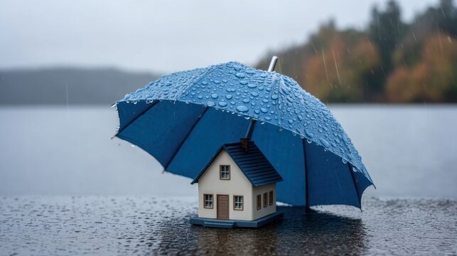 Small house sheltered under a blue umbrella showing protection from rain on a calm lake backdrop, emphasizing tranquility and safety in adverse weather.