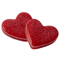 Obraz premium Two red heart shaped candies, sweet shiny dessert, romantic valentine love symbol, bright red candy heart, minimal clean composition on transparent background.