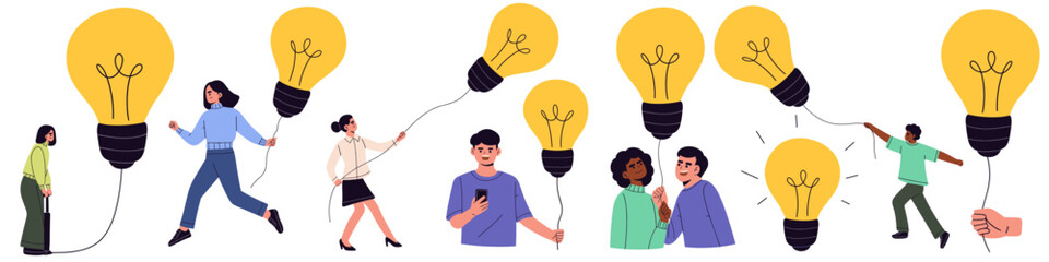 Creative flat illustration of diverse people holding glowing light bulbs as balloons, symbolizing ideas, innovation, inspiration, creativity, and teamwork.  © NUR