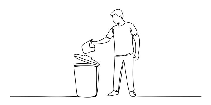 A continuous line drawing of a man standing and throwing away trash into a simple garbage bin Vector, illustration