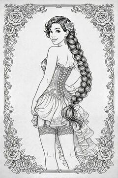 Retro pin up girl in a lacy corset dress poses with a long braid
