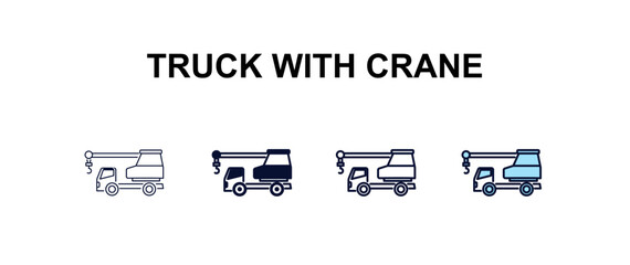 truck with crane  multi-style outline icon set - construction concept. Thin line, regular, filled, colored truck with crane  icon © Design_Farm