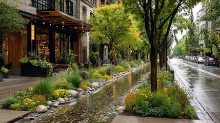 Obraz premium Serene Urban Landscape with Water Feature and Lush Greenery on a Rainy Day