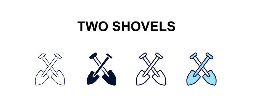 two shovels  multi-style outline icon set - construction concept. Thin line, regular, filled, colored two shovels  icon
