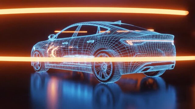 Futuristic glowing wireframe model of an electric car showing internal components on dark background