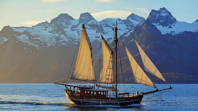 Traditional wooden schooner sailing in Arctic fjord at golden hour with snow-capped mountains