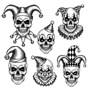 Skull Jester Clown Set: Macabre Halloween Characters, Tattoo Art, Horror Design