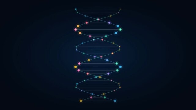 Futuristic DNA helix animation with glowing particles, digital double helix medical visualization, neon genetic code on dark background