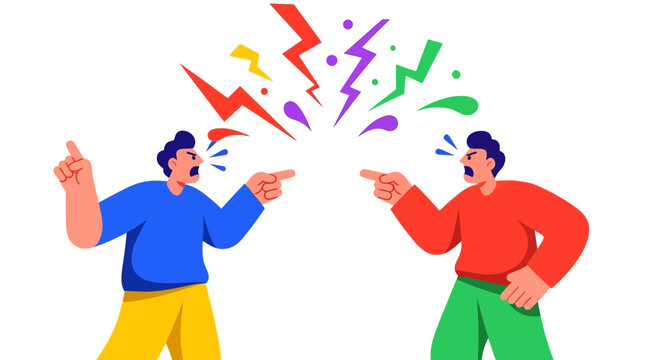 Two people arguing with colorful lightning bolts above them.