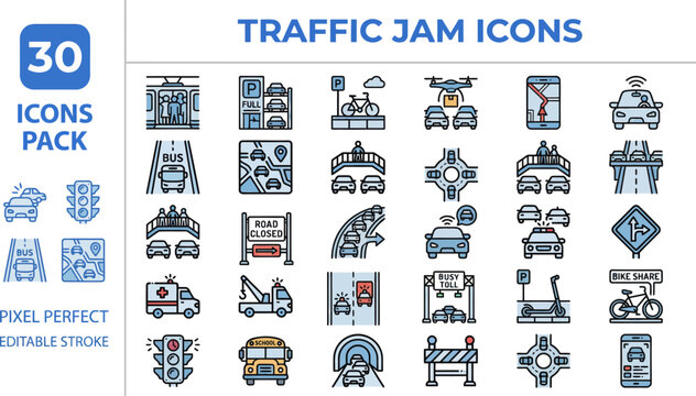 Traffic Jam and Road Congestion outline icon set. Featuring car queue, traffic light, road block, rush hour, and highway delay symbols. Editable stroke vector icons for urban transport problem.