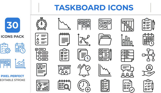 Taskboard and Project Workflow outline icon set. Featuring kanban, checklist, deadline, sprint, and progress tracker symbols. Editable stroke vector icons for agile project management and team planner