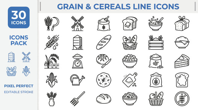 Grain and Cereal outline icon set. Featuring wheat, oat, rice, corn, and barley symbols. Editable stroke vector icons for organic food and breakfast cereal product catalog design template.