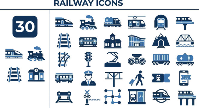 Railway and Train Transit outline icon set. Featuring locomotive, rail track, station platform, ticket, and wagon symbols. Editable stroke vector icons for train travel and rail logistics service.
