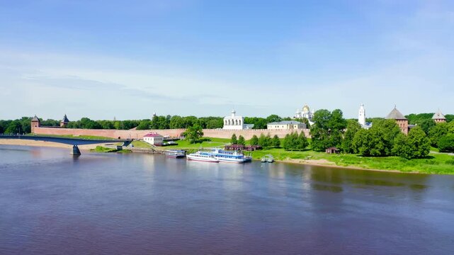 Veliky Novgorod, Russia. Novgorod Kremlin (Detinets), Volkhov River. Flight over the city. Drone footage