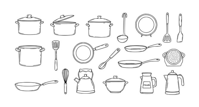 Hand drawn kitchen cookware doodle set with pots pans and utensils illustration isolated on white background