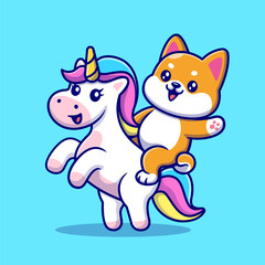 Naklejka premium Cute Shiba Inu Riding Unicorn Cartoon