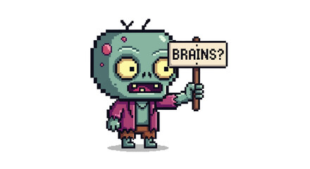 Fototapeta premium Pixel art zombie holding a sign asking for brains.